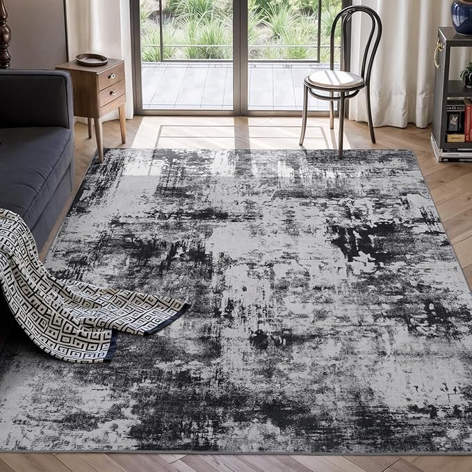 Rugflix 5x7 Area Rugs for Living Room, Washable Large Rug Stain-Resistant Low Pile, Modern Dark Carpet for Dining Room Home Office Kid Room Nursery Bedroom, Black Grey