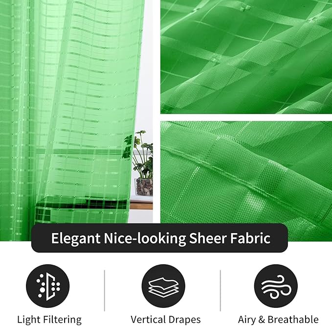 SpaceDresser Check Sheer Curtains 84 Inches 2 Panels Set, Rod Pocket Plaid Window Curtain for Living Room, Green Semi Sheer Drapes for Kitchen Bedroom Children Room Yard（Green, 52W x 84L）