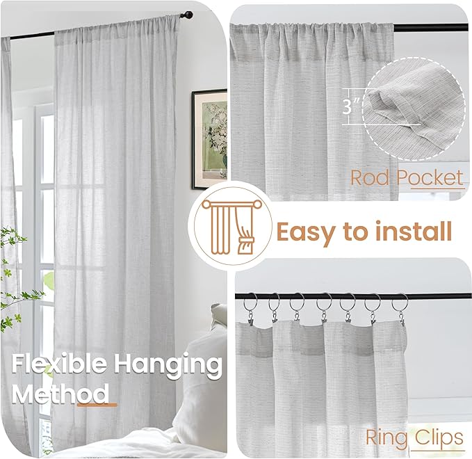 BGment Light Grey Linen Curtains 80 Inch Length for Living Room, Window Drapes Lightweight Rustic Country Textured for Bedroom Farmhouse Decor Rod Pocket, 2 Panels Set, 52 Inch Wide