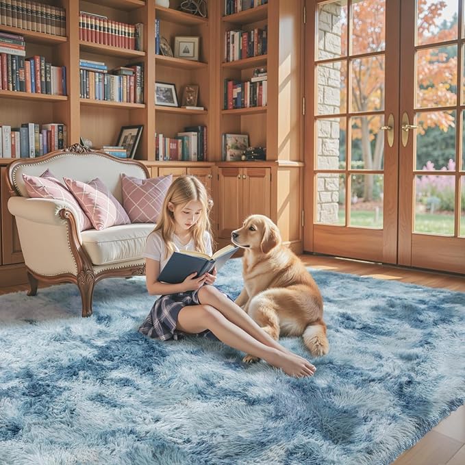 Super Soft Shaggy Area Rugs for Bedroom 4x6 Feet, Shaggy Plush Living Room Shag Furry Floor Rugs, Non-Shedding Indoor Rugs for Living Room Decor(4 x 6, Dark Blue Tie-Dyed)