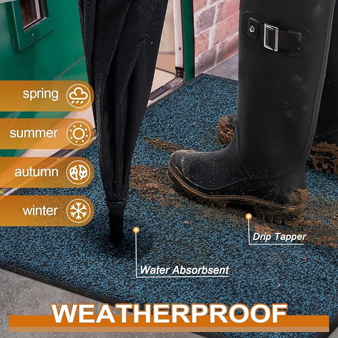 Mibao Front Door Mat, Dirt Trapper Welcome Mat for Outdoor Indoor, Non-Slip Waterproof Doormat, Durable Machine Washable Low Profile Entry Rug for Back Door Outside Patio Porch, 48" x 24", Blue