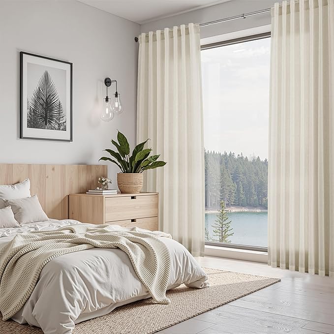 Nanspring Vanilla Linen Curtains 96 Inches Long for Living Room Modern Farmhouse Decor Luxury Light Filtering Semi Sheer Curtain Back Tab Coastal Drapes for Bedroom Office 52x96, 2 Panels