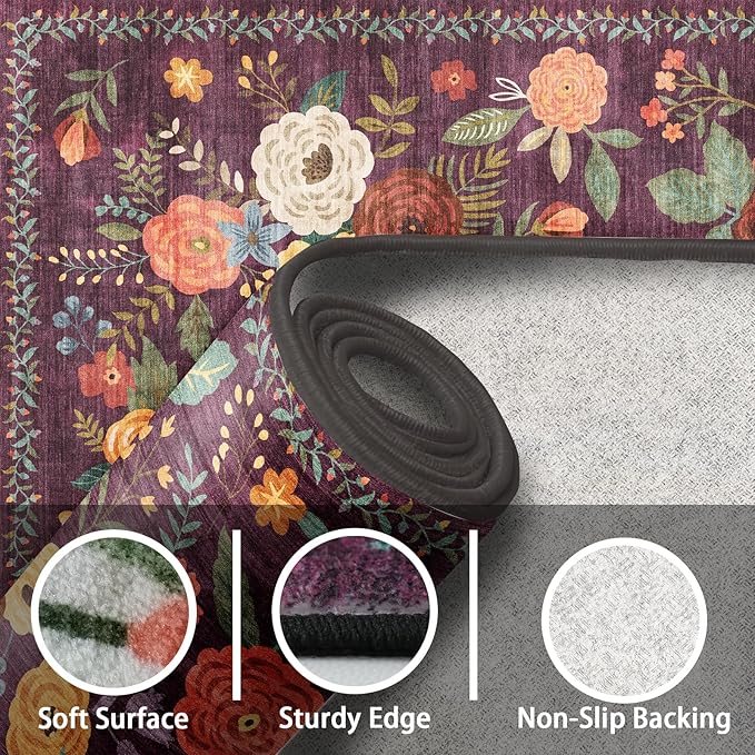 Rug for Hallways Kitchen Rug 3x7, Non Slip Washable Rugs with Rubber Backing Soft Floral Carpet Runner for Hallways, Kitchen, Laundry, Bedroom, Bathroom(3 x 7, Purple)