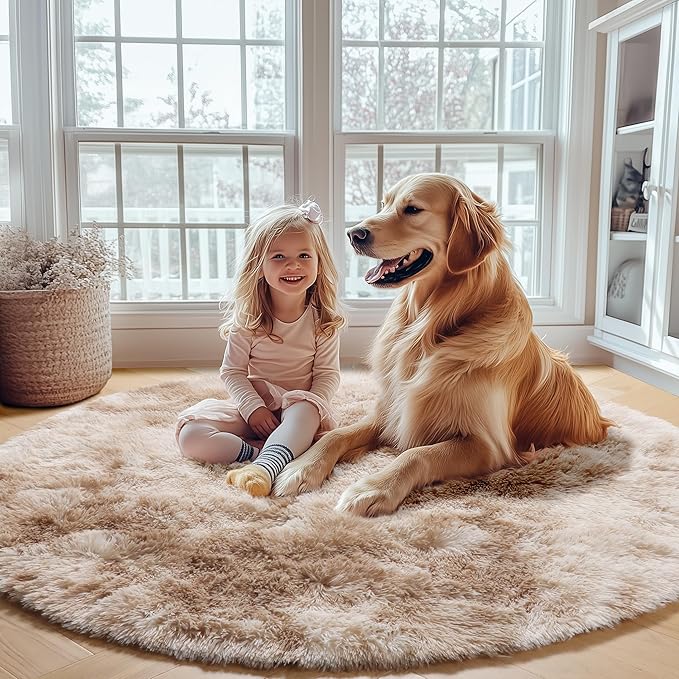 ONASAR Round Rugs 6ft for Living Room Bedroom, Tie-Dye Beige Fluffy Circle Area Rug for Kids Girls Boys Teen, Soft Plush Shaggy Carpet for Nursery Dorm Classroom Playroom Home Decor Aesthetic