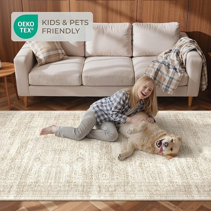 4x12 Runner Rug for Hallway, Low-Pile Wide Runner for Entryway, Long Washable Non-Slip Kitchen Rug, Soft Modern Home Decor Mat for Living, Laundry Room(4'x12', Beige/Ivory)