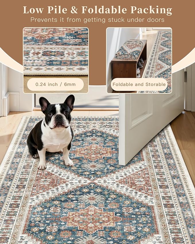 Madane Hallway Rug 3x10, Kitchen Rugs Washable Entryway Rug Vintage Kitchen Runners Non Slip Indoor Area Rug Farmhouse Carpet Runner for Bathroom Living Room Bedroom, Navy Blue