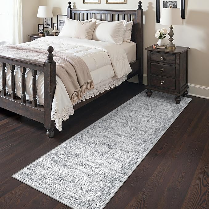 Rug Runners for Hallways Non Slip - 2x8 Runner Rug for Bedroom, Washable Runner with Rubber Backing, Soft Low-Pile Carpet for Kitchen, Laundry, Bathroom (2'x8', Grey/Ivory)