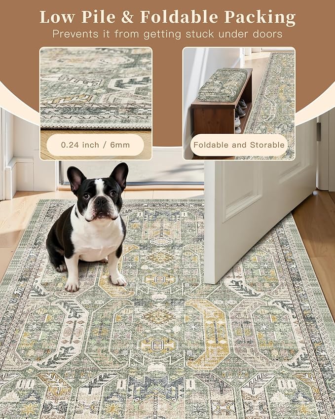 Madane Washable Runner Rug - 2x6 Rug Runners for Hallways 6 Feet Non Slip Vintage Kitchen Runner Rug Ultra-Thin Bathroom Runner Rugs Carpet Laundry Room Bedroom (2x6ft, Green/Gold)