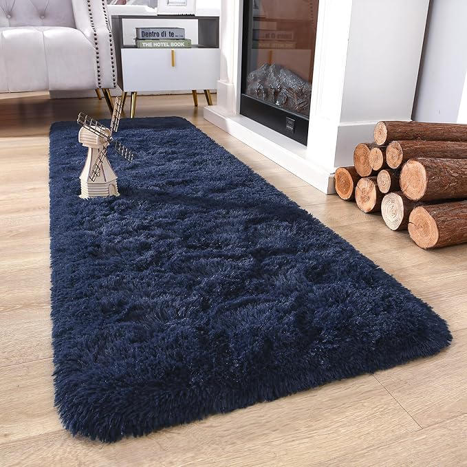 Chicrug Soft Runner Rugs for Bedroom Living Room Plush Fluffy Rug 3x8 Feet, Shag Furry Area Rug Carpet Non Shedding for Nursery Children Kids Girls Room Home Decorative, Navy Blue