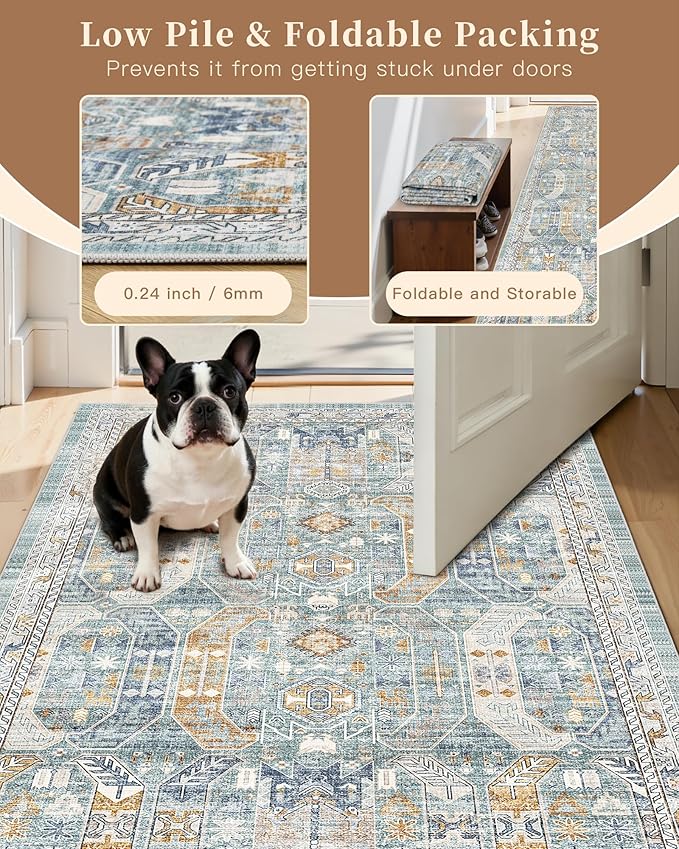 Madane Hallway Runner Rug 2x12, Extra Long Washable Runner Rugs with Rubber Backing, Non Slip Carpet Runner for Hallway, Vintage Rug Runners for Kitchen Laundry Room Entryway (Blue/Gold, 2'x12')
