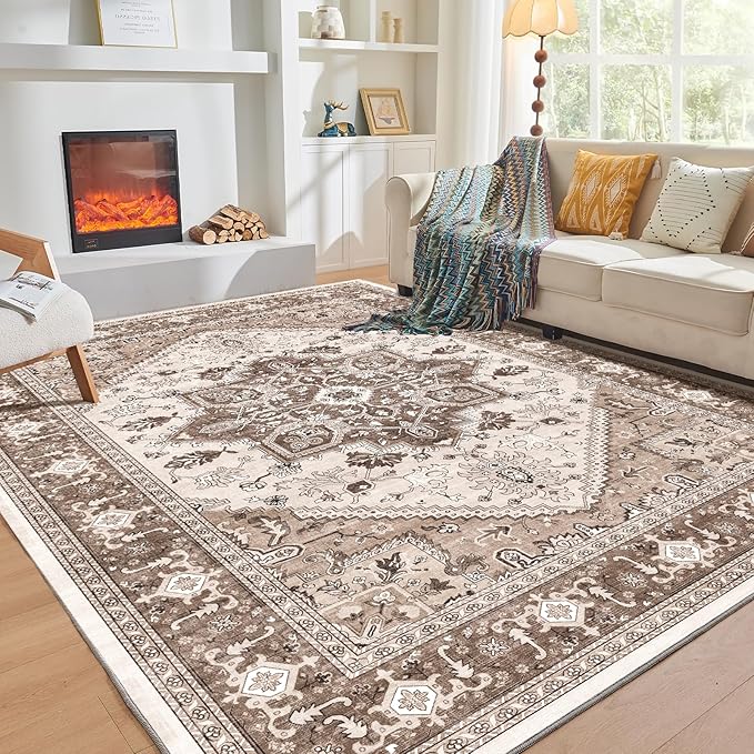 OPPODREAM Soft Area Rugs 9x12 Living Room, Washable Rugs 9x12 with Non Slip Backing, Faux Cashmere Low-Pile 9 x 12 Carpet, Khaki