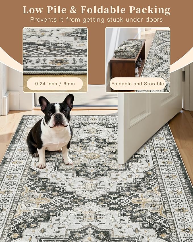 Madane Hallway Runner Rug 3x6 - Washable Kitchen Rugs Entryway Rug Runner Vintage Soft Floor Mat Non Slip Indoor Farmhouse Carpet for Bathroom Living Room Bedroom (3 X 6, Black)