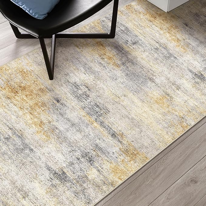 3x18 Washable Kitchen Runner Rug: Modern Abstract Runners for Hallway Soft Non Slip Rugs with Rubber Backing Low Pile Thin Waterproof Floor Carpet for Entryway Bedroom Bathroom Indoor 3x18 Grey/Yellow