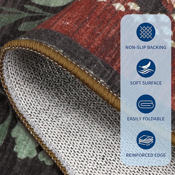 GarveeHome Washable Rug 4x6 Area Rugs for Living Room, Floral Rug for Bedroom, Soft Boho Non Slip Throw Rugs with Rubber Back, Low Pile Stain Resistant Vintage Floral Carpet for Dining Room, Red