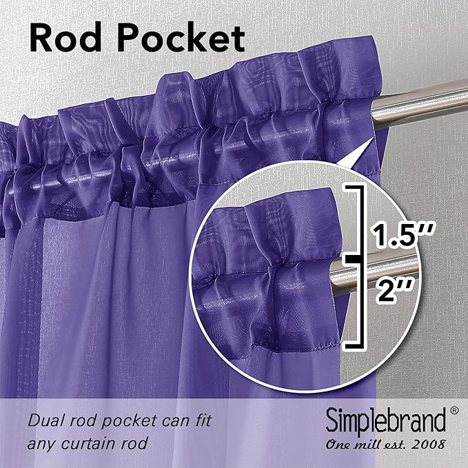 Simplebrand Purple Sheer Curtains 63 Inch Length 2 Panels, Rod Pocket Solid Color Window Sheer Curtain Panels, Elegant Curtains & Drapes for Living Room, Bedroom (Purple, 42" W x 63" L)