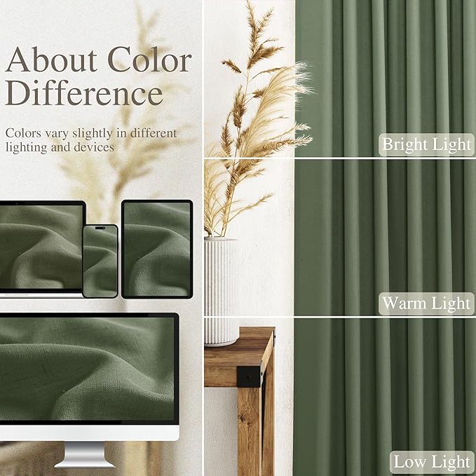 Nanspring Olive Green Linen Curtains for Living Room 2 Panels Set 144 Inch Length Back Tab Light Filtering Semi Sheer Curtain Drapes for Bedroom 52x144