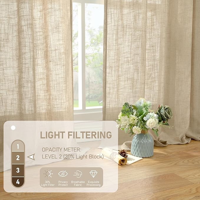 LAMIT Semi Sheer Short Linen Curtains 24 Inch Long, Light Filtering Panels Back Tab and Rod Pocket Neutral Drapes for Cafe/Bathroom/Small Window, Brown, 2 Panels, 34 x 24 Inch