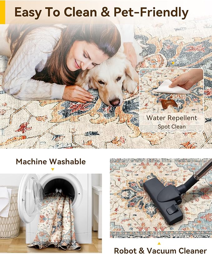 Area Rugs Square 6ft Washable Non-Slip, Floral Vintage Distress Print Pattern Medallion Carpet for Living Room Bedroom Dining Room, Beige Navy Blue Orange Colorful