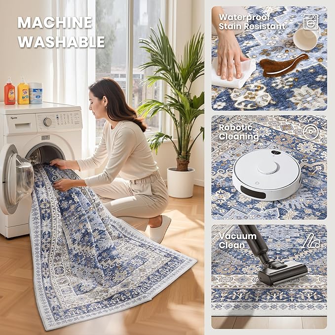 zesthome 10x12 Area Rugs,Stain Resistant Washable Rug,Ultra-Thin Rugs for Living Room,Bedroom,Non-Slip Backing Home Decor Large Area Rug (Blue/Beige,10'x12')