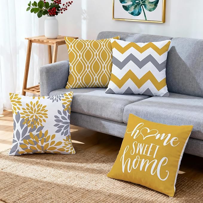 Hexagram Geometric Yellow Pillow Covers 18x18 Set of 4, Decorative Outdoor Boho Modern Throw Pillow Covers, Home Sweet Home Farmhouse Cushion Case for Couch Sofa Bedroom Indoor Decor(No Insert)