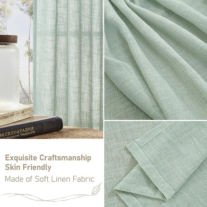 LAMIT 54 Inch Semi Sheer Window Linen Curtains, Light Filtering Panels Back Tab and Rod Pocket Neutral Drapes for Bedroom/Living Room, Light Sage, 2 Panels, 34 x 54 Inch