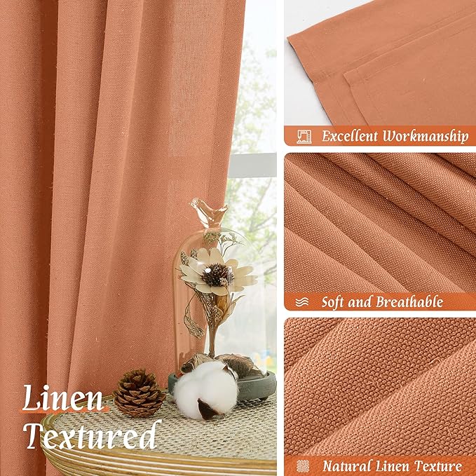 LAMIT Terracotta 48 Inch Linen Curtains for Cafe 2 Panels, Linen Textured Light Filtering Panels Rod Pocket Neutral Privacy Drapes for Small Window/Loft Room, 42 x 48 Inch