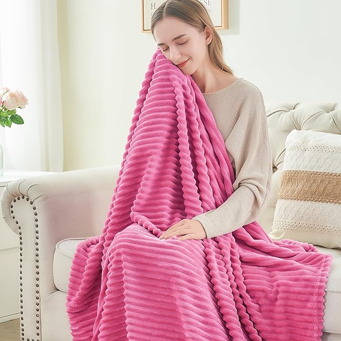 BEDELITE Fleece Blanket Queen Size – 3D Ribbed Jacquard Soft and Warm Decorative Fuzzy Blankets – Cozy, Fluffy, Plush Lightweight Throw Blankets for Couch, Bed, Sofa(Hot Pink, 90x90 inches)