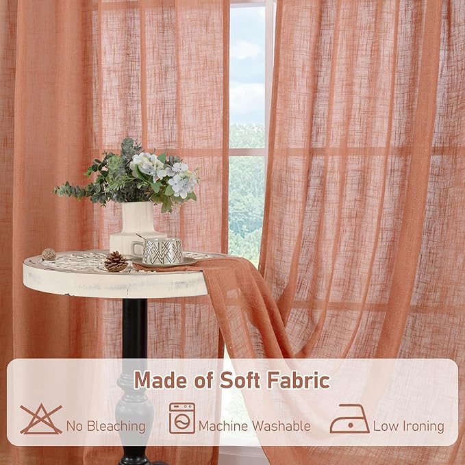 LAMIT Terracotta Linen Boho Curtains 78 inch Length 2 Panels, Light Filtering Semi Sheer Drapes Back Tab and Rod Pocket Neutral Panels for Bedroom/Living Room, 52 x 78 Inch