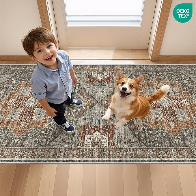 Runner Rug 2x10, Ultra-Thin Kitchen Rugs Non Slip Washable Rugs for Entryway Rug, Kitchen Runner Low Pile Vintage Soft Carpets for Living Room, Bathroom Bedroom (Grey/Brown/Tan,2'x10')