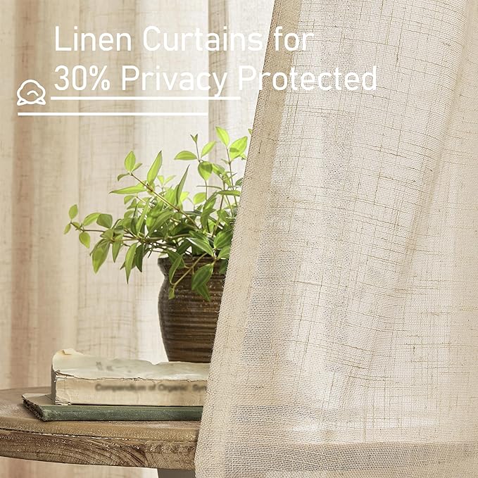 LAMIT Light Filtering Linen Curtains 78 inches Long for Bedroom, Faux Linen Textured Semi Sheer Back Tab and Rod Pocket Boho Modern Drapes for Living Room/Farmhouse, Linen, 2 Panels, 52 x 78 Inch