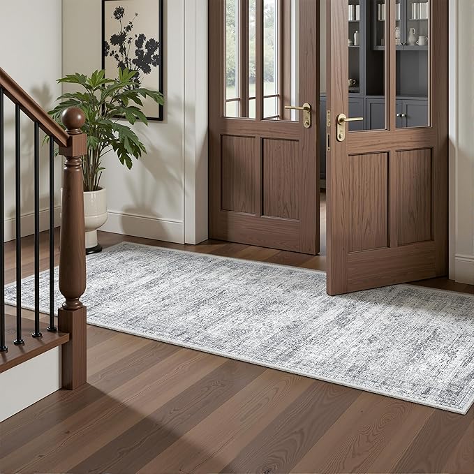 2x5 Rug Runner Washable for Entryway, Soft Bathroom Rugs with Non-Slip Backing, Abstract Low Pile Hallway Runner, Vintage Small Kitchen Carpet for Stair, Laundry Room(2'x5', Grey/Ivory)