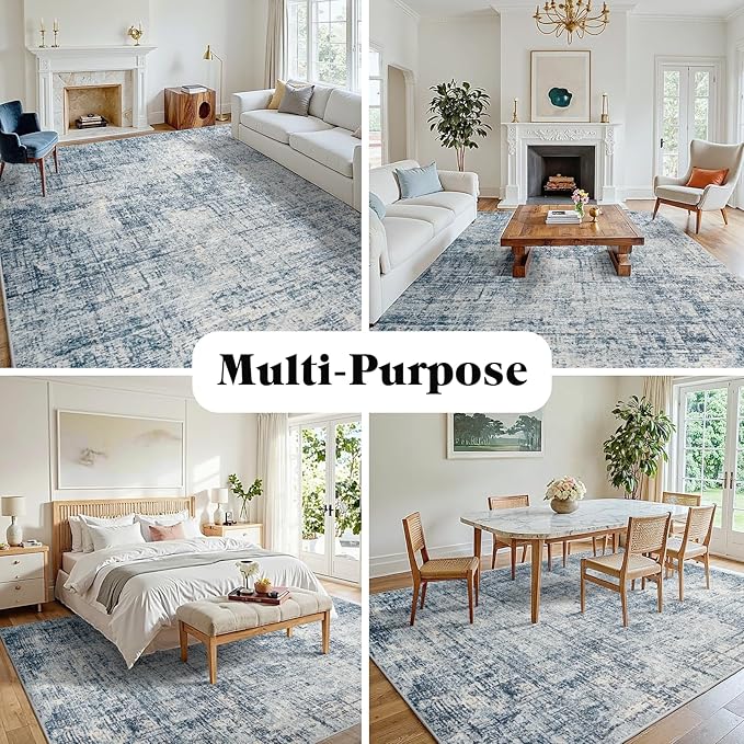 8x10 Area Rugs for Living Room Washable Rug: Anti-Skid Abstract Modern Living Room Rug Soft Thin Carpets Indoor Floor Non-Shedding Carpet for Bedroom Dining Farmhouse Nursery Home Office Blue Gold