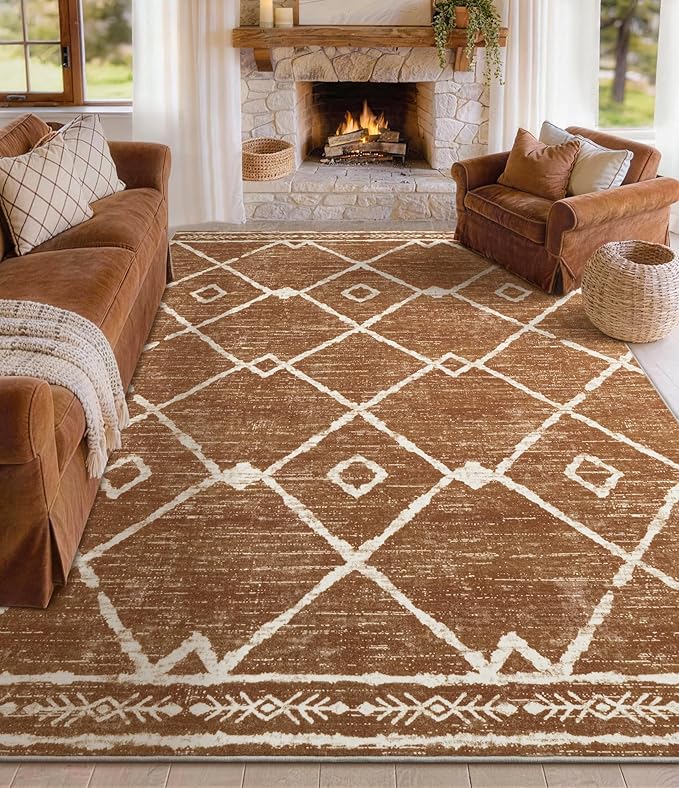 YIHOUSE Western Rugs for Living Room, 6x9 Moroccan Area Rug, Aztec Burnt Orange Large Rug, Southwestern Soft Low-Pile Washable Rugs for Bedroom, Dining Room
