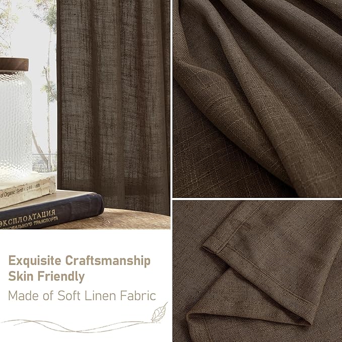 LAMIT Dark Brown Sheer Linen Curtains, 80 inch Light Filtering Semi Sheer Panels Back Tab and Rod Pocket Farmhouse Rust Drapes for Bedroom/Living Room, 2 Panels, 52 x 80 Inch