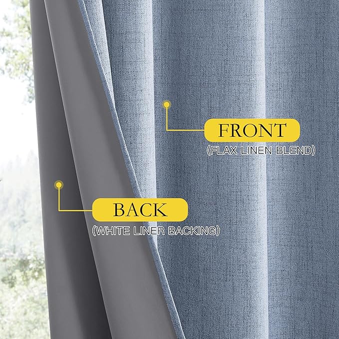 NICETOWN Stone Blue Vintage Linen 100% Blackout Curtains for Dining Room, Thermal Insulated Curtains 45" Long, Noise Reducing Window Treatment Drapes for Kitchen, 42" Wide Per Panel, Set of 2