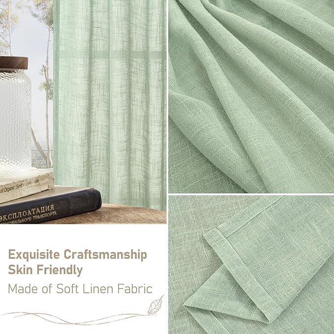 LAMIT Fresh Green Linen Curtains 54 Inch Length, Light Filtering Panels Back Tab and Rod Pocket Neutral Drapes for Living Room/Window/Bedroom, 52 x 54 Inch, 2 Panels