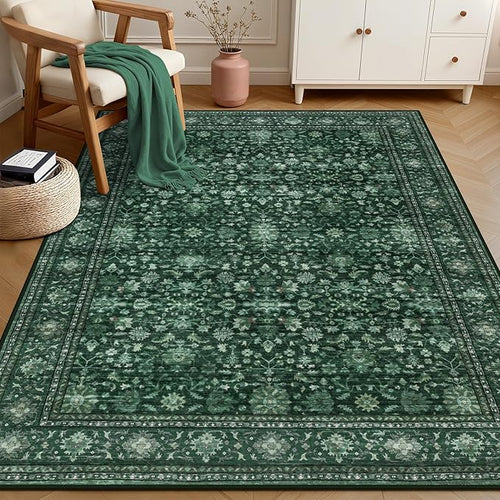 4x6 Area Rugs for Living Room: Washable Rug Soft Vintage Distressed Floral Carpet Indoor Non-Slip Stain Resistant Large Carpets for Bedroom Dining Room Farmhouse Nursery Home Office Deep Green