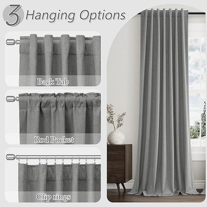Guken 100% Blackout Linen Curtains 84 Inch Length 2 Panels Set for Living Room Bedroom Back Tab Thermal Insulated Black Out Linen Drapes Room Darkening Window Curtains 84 Inches Long,Dark Grey