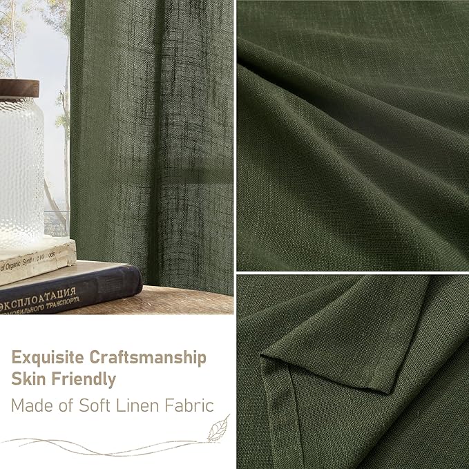 LAMIT Light Filtering Linen Curtains 68 inch for Bedroom, Linen Textured Semi Sheer Back Tab and Rod Pocket Boho Modern Christmas Decor Drapes for Living Room, Olive Green, 2 Panels, 52 x 68 Inch