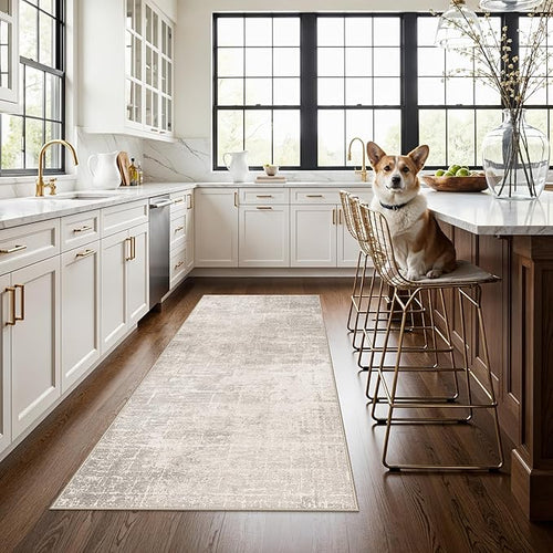3x6 Washable Hallway Runner Rug: Abstract Stain Resistant Bathroom Kitchen Rug Farmhouse Ultra Soft Bedroom Entryway Print Floor Mat Thin Non-Slip Indoor Carpet for Living Room Laudry(3x6,Beige/Cream)