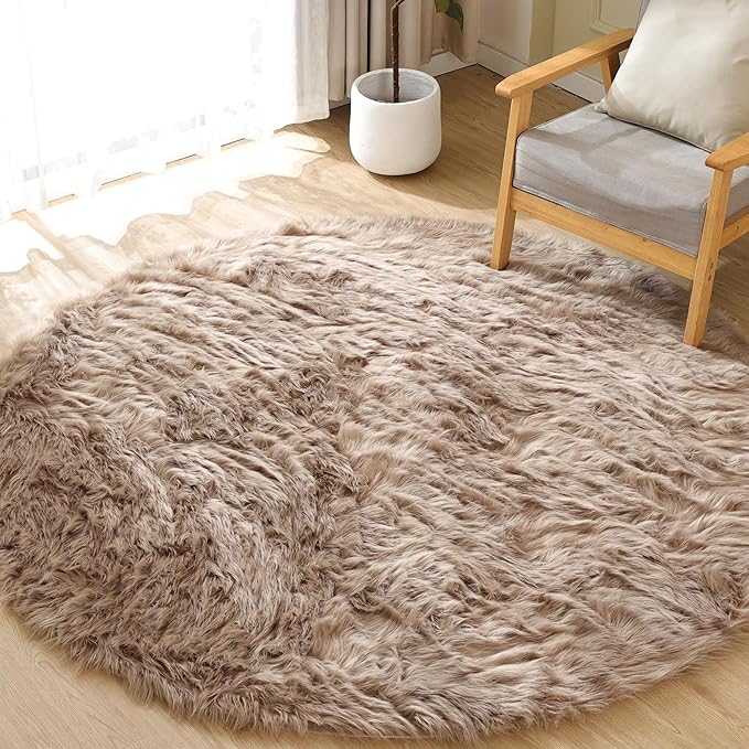 ORINOVA Beige Fuzzy Living Room Washable Area Rug 5ft Round Shag Faux Sheepskin Nursery Rug for Bedroom Teen Room Home Decor Soft Fluffy Circle Carpet