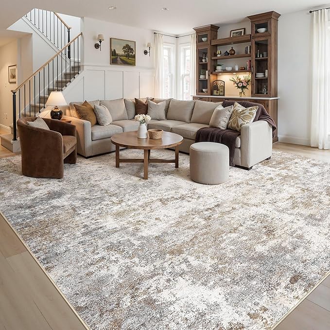 UERMEI 11x14 Area Rug Living Room Rugs - Washable Neutral Modern Abstract Soft Thin Large Rug Indoor Floor No Slip Rug Carpet for Bedroom Under Dining Table Home Office Decor - Brown Grey