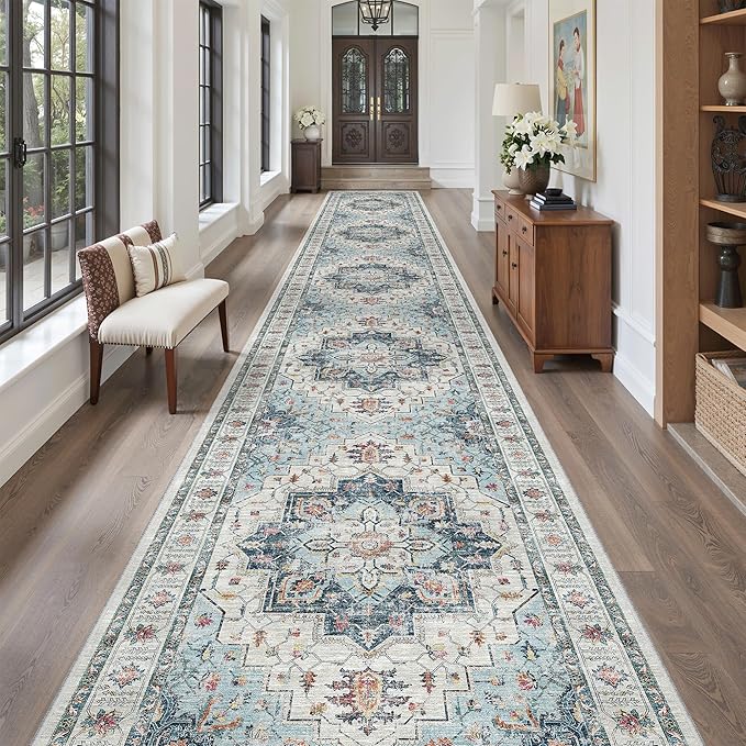 Madane 3x20 Hallway Runner Rug - Extra Long Carpet Runners for Hallways 20ft Non Slip Stain Resistant Rugs Runner for Living Room Bedroom 20 Feet Distressed Floor Carpet for Kitchen, Blue