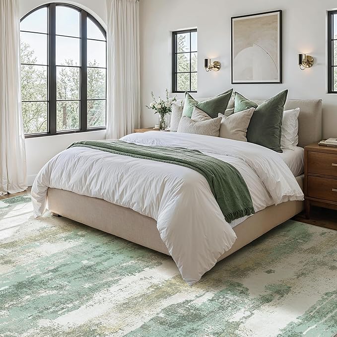 Area Rugs 6x9 for Living Room Bedroom, Modern Abstract Machine Washable Rug, Large Soft Low Pile Floor Carpet with Non Slip Backing for Dining Room, Light Green