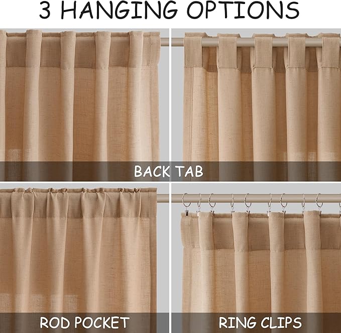 Extra Long Camel Linen Curtains 2 Panels 102 Inches Long for Living Room Back Tab Rod Pocket Light Filtering Semi Sheer Drapes Soft Cotton Textured Window Curtain 102 Inch Length for Bedroom.