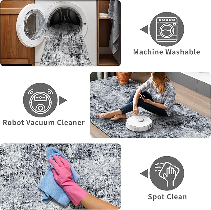 3x6 Washable Entryway Runner Rug: Non Slip Wide Hallway Runners Easy-to-Clean - Soft Living Room Bedroom Kitchen Carpet - Thin Low Pile Printed Floor Mat for Dining Room Black Grey