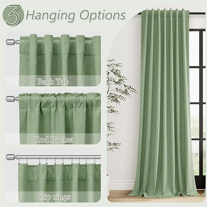 Guken Light Sage 100% Blackout Linen Curtains 72 Inch Length 2 Panels Set for Living Room Bedroom Back Tab/Rod Pocket Thermal Insulated Black Out Drapes Room Darkening Window Curtains