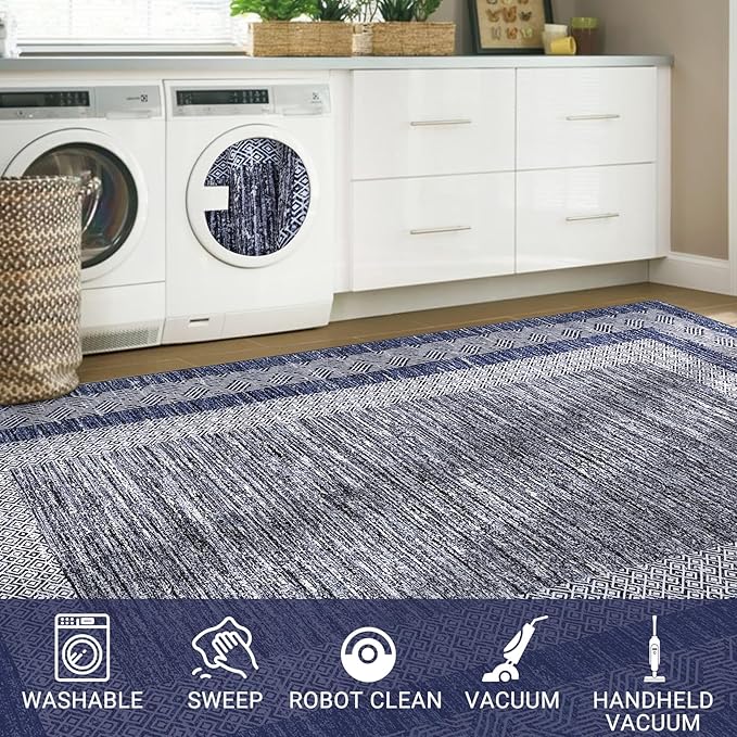 GarveeHome 2.5x8 Modern Bordered Runner Rug Soft Non Slip Washable Floor Carpet Distressed Geometric Hallway Indoor Printed Rug for Kitchen Entrance, Blue