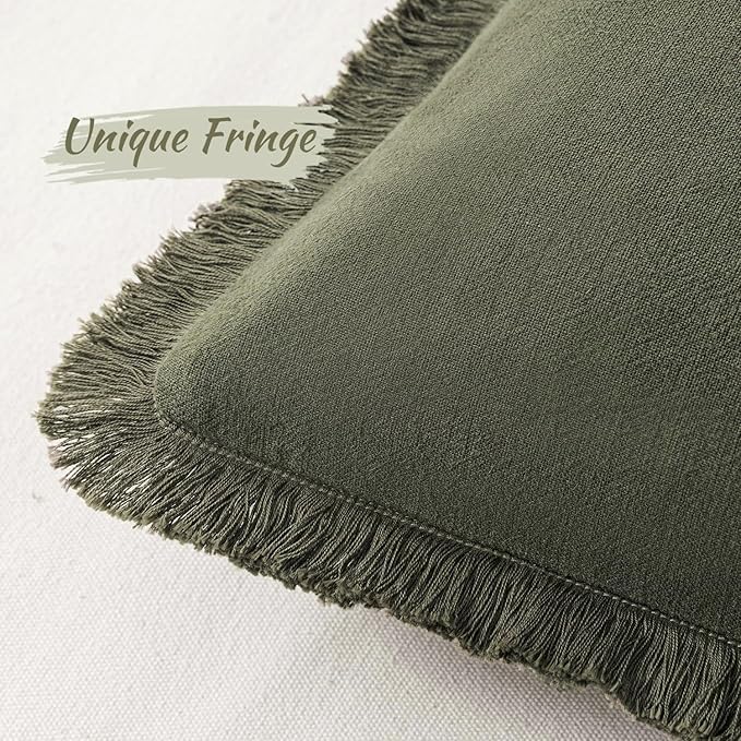 MIULEE Decorative Throw Pillow Covers Neutral Linen Fringe Throw Pillows Euro Shams Set of 2 Olive Green Boho Farmhouse Cushion Covers for Couch Sofa Bed Living Room Spring Home Decor 24x24 Inch