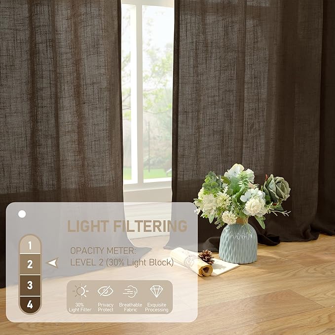 LAMIT Dark Brown Sheer Linen Curtains, 108 inch Light Filtering Semi Sheer Panels Back Tab and Rod Pocket Farmhouse Drapes for Bedroom/Living Room, 2 Panels, 52 x 108 Inch